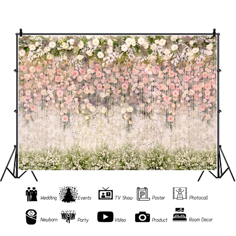 Floral Wedding Backdrop for Photoshoot 7x5ft Pink and White Flower Photography Background Vinyl Flowers Wall Backdrop Wedding Birthday Baby Shower Party Decorations Banner Studio Photo Booth Props