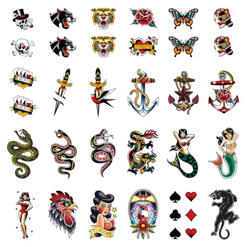 SanerLian Anchor Ship Temporary Tattoo Sticker Waterproof lighthouse Flowers Snake Adult Men Women Body Art 10.5X6cm Set of 24 (SF194)