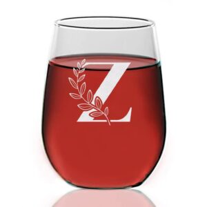 floral monogram ' z ' wine glass - letter a-z engraved - stemless wine glass - gifts for dad - mother's day - gift for mom - gifts for coworkers