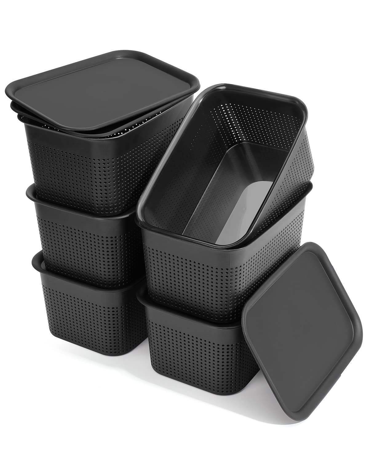 KoTuosy Plastic Storage Baskets with Lids Baskets for Organizing Organizer Bins 6.8 Qt Stackable Storage Bins with Lids Tiny Holes, Storage Containers, Plastic Bins with Handle