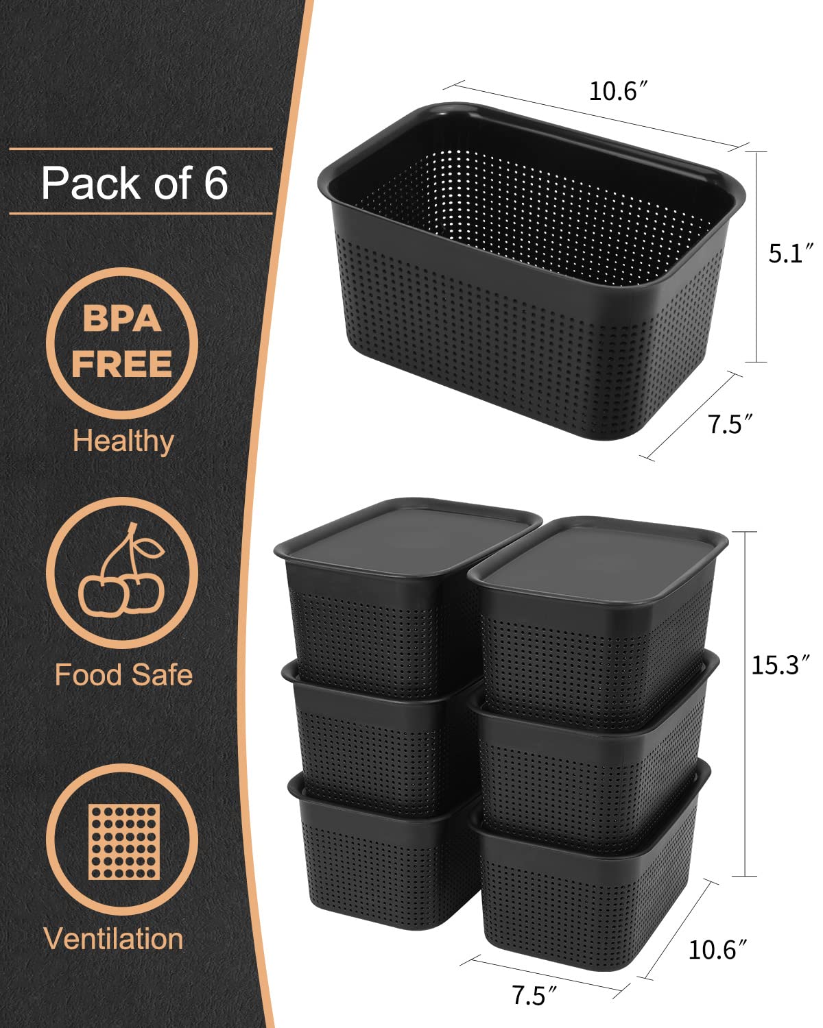 KoTuosy Plastic Storage Baskets with Lids Baskets for Organizing Organizer Bins 6.8 Qt Stackable Storage Bins with Lids Tiny Holes, Storage Containers, Plastic Bins with Handle