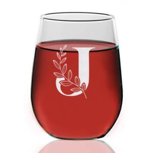 floral monogram ' j ' wine glass - letter a-z engraved - stemless wine glass - gifts for dad - mother's day - gift for mom - gifts for coworkers