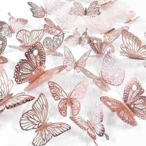 ewong 60pcs 3d butterfly wall decal birthday cake party decoration 5 style mural sticker art craft kid nursery classroom wedding baby shower decorative girl bedroom home room office decor (rose gold)