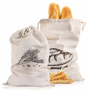 reusable linen bread bags for homemade bread container, set of 2 reusable bread storage, natural large storage for artisan bread (unbleached)