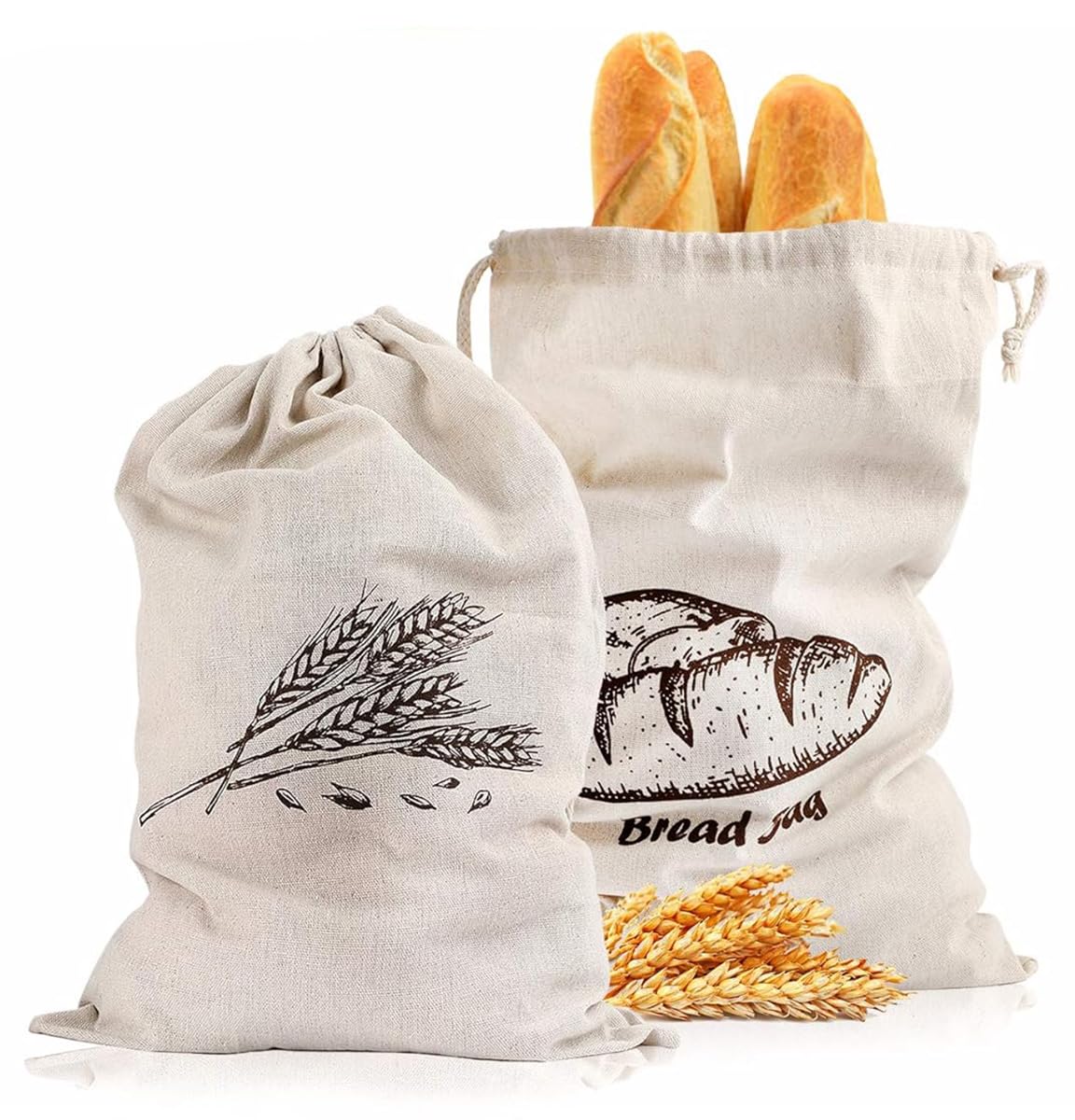 Reusable Linen Bread Bags for Homemade Bread Container, Set of 2 Reusable Bread Storage, Natural Large Storage for Artisan Bread (Unbleached)