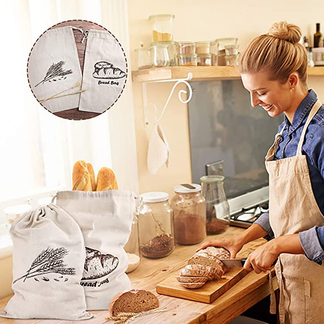 Reusable Linen Bread Bags for Homemade Bread Container, Set of 2 Reusable Bread Storage, Natural Large Storage for Artisan Bread (Unbleached)