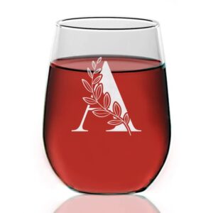 floral monogram ' a ' wine glass - letter a-z engraved - stemless wine glass - gifts for dad - mother's day - gift for mom - gifts for coworkers