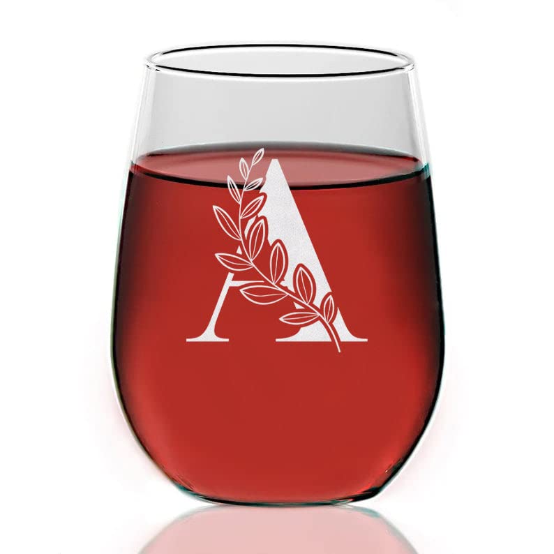 Floral Monogram ' A ' Wine Glass - Letter A-Z Engraved - Stemless Wine Glass - Gifts For Dad - Mother's Day - Gift For Mom - Gifts For Coworkers