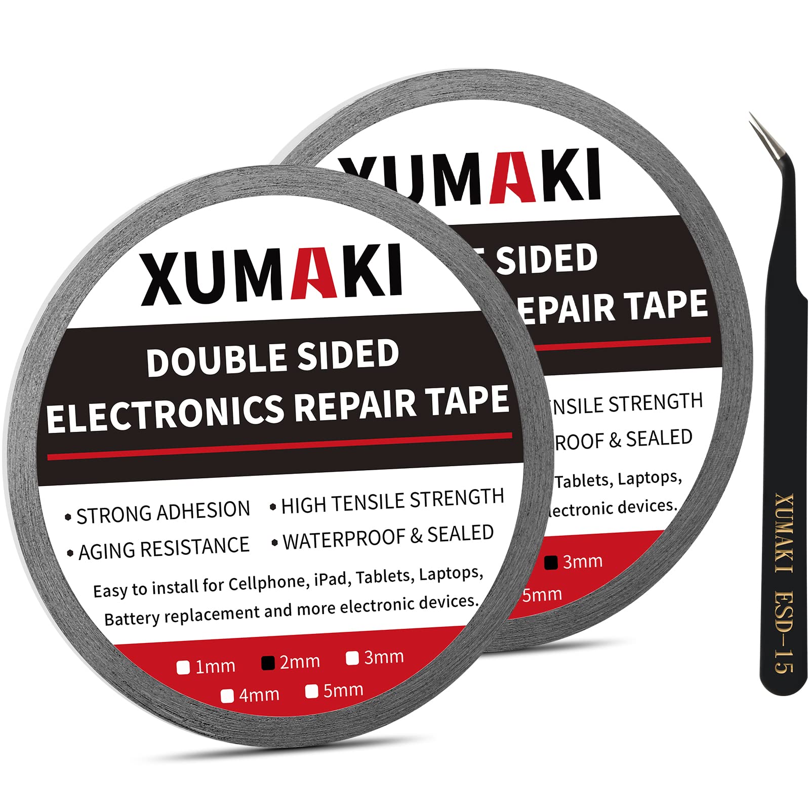 XUMAKI 2mm / 3mm x 50M LCD Repair Tape Phone Screen Adhesive Tape LCD Touch Screen Repair Tape with 1 Tweezers for Cell Phone, iPad, Tablets, Laptops, LCD Screen