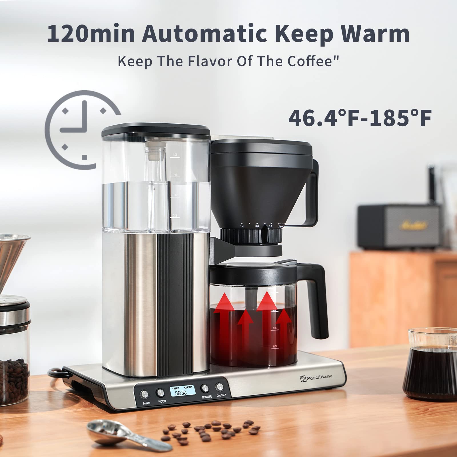 Maestri House Coffee Maker, 8-Cup Drip Coffee Machine with Stainless Steel, One-Touch Brewing and Adjustable Strength, Automatic Start, Glass Carafe and Keep Warm Plate, 1.2L Large Capacity Water Tank
