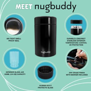 Nugbuddy Airtight Storage Container - Vacuum Sealed Insulated w Nested Glass Jar - UV Protection, Temperature Controlled Stainless - Stays Fresh - Whiteboard Finish w Marker Included - 300 ml (3/4 Oz)