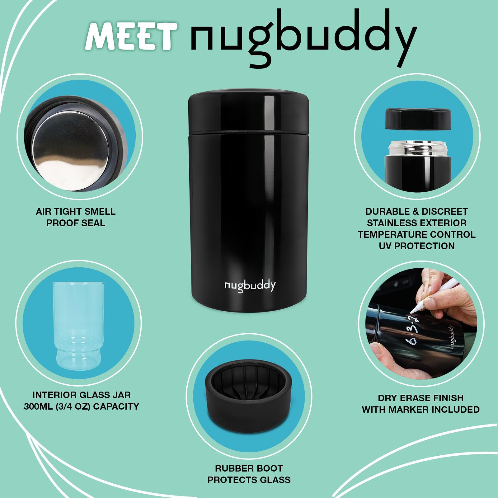 Nugbuddy Airtight Storage Container - Vacuum Sealed Insulated w Nested Glass Jar - UV Protection, Temperature Controlled Stainless - Stays Fresh - Whiteboard Finish w Marker Included - 300 ml (3/4 Oz)