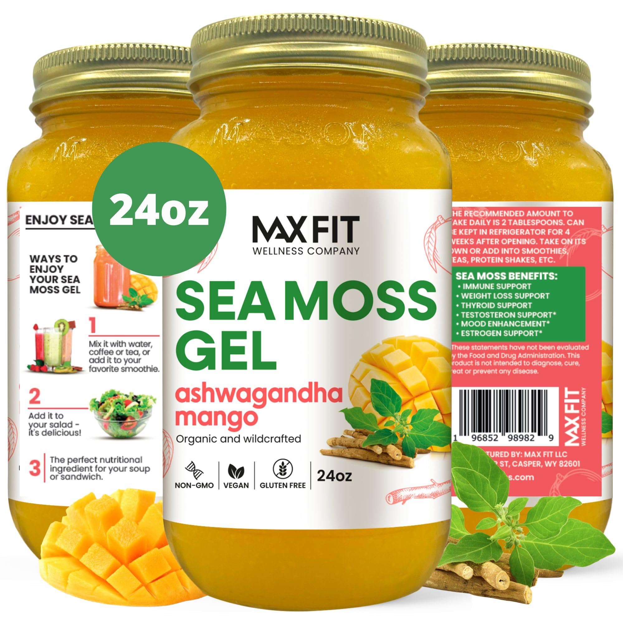 Sea Moss Gel Organic Ashwagandha Mango (25 Flavors) 24oz Wildсrafted Gold Sea Moss Gel from Saint Lucia | 92 Vitamins and Minerals | Pure Raw+Non-GMO