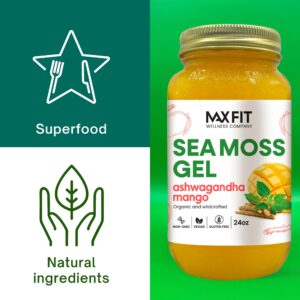 Sea Moss Gel Organic Ashwagandha Mango (25 Flavors) 24oz Wildсrafted Gold Sea Moss Gel from Saint Lucia | 92 Vitamins and Minerals | Pure Raw+Non-GMO