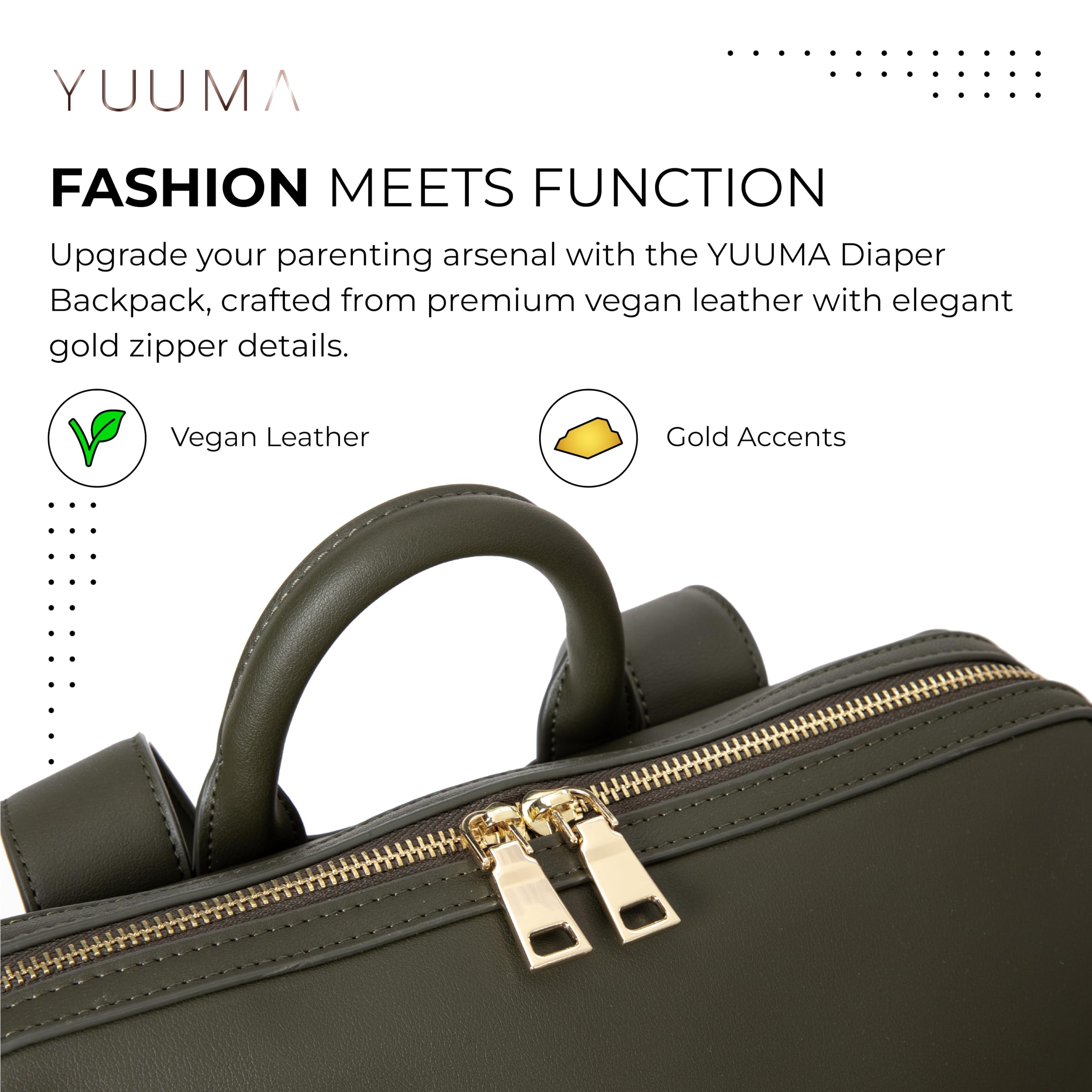 YUUMA Collection Original Diaper Backpack - Vegan Leather Baby Bag - Gold Zipper - Multiple Pockets - Easy Clean Nylon Interior - Many Colors - Modern Diaper Bag (Onyx)