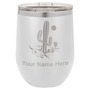 lasergram double wall stainless steel wine glass tumbler, cactus, personalized engraving included (white)