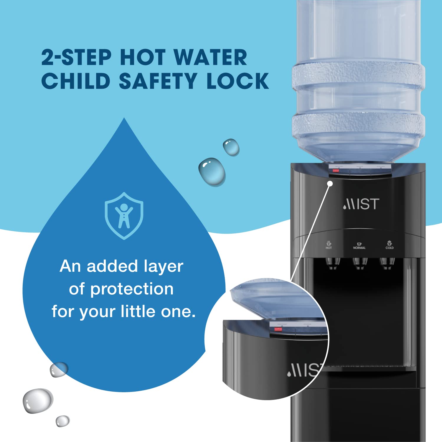 Mist Top Loading Water Cooler Dispenser, Hot, Cold & Room Temperature Water, Child Safety Lock, Holds 3 or 5 Gallon Bottles, Perfect for Home and Office Use Energy Star Approved - Black