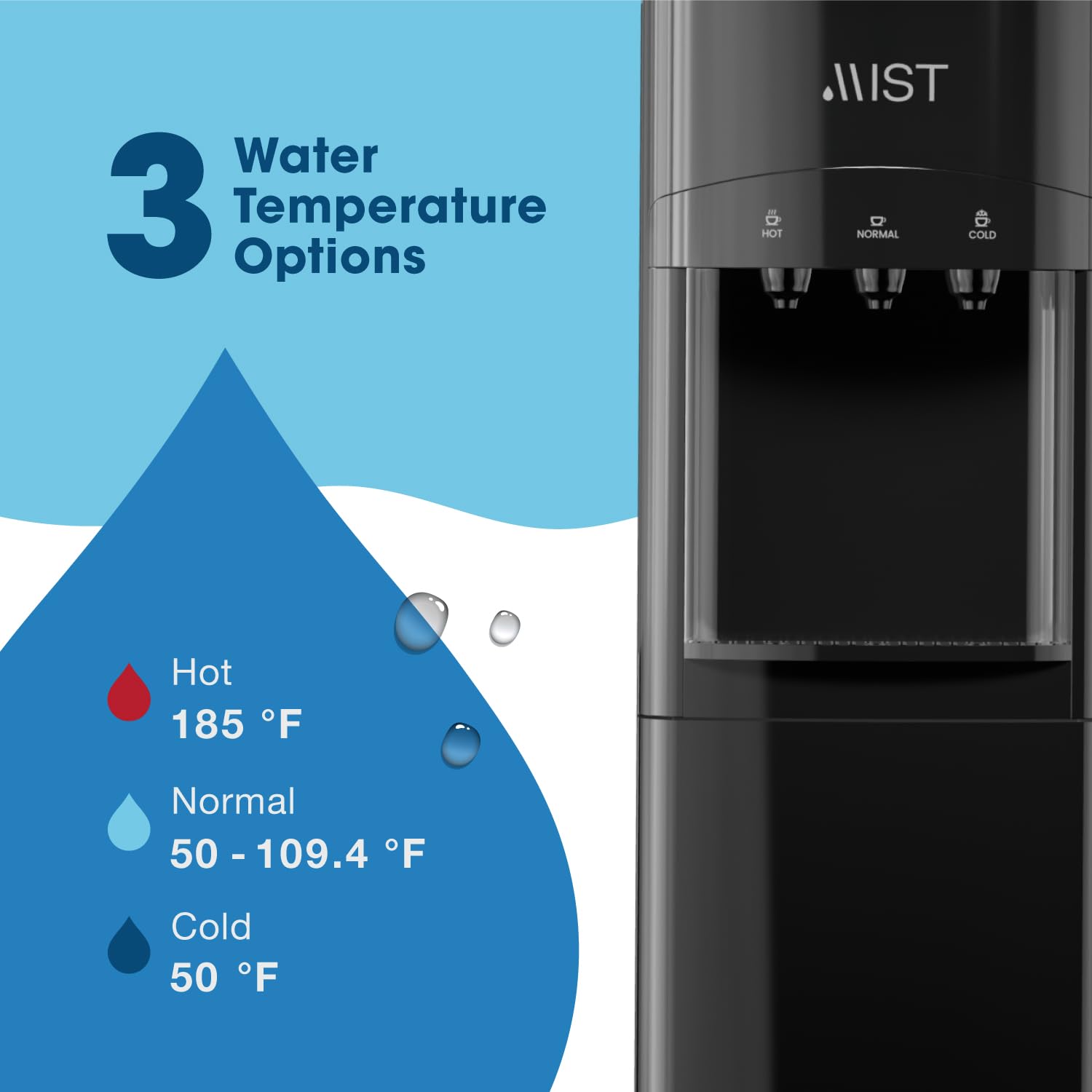 Mist Top Loading Water Cooler Dispenser, Hot, Cold & Room Temperature Water, Child Safety Lock, Holds 3 or 5 Gallon Bottles, Perfect for Home and Office Use Energy Star Approved - Black