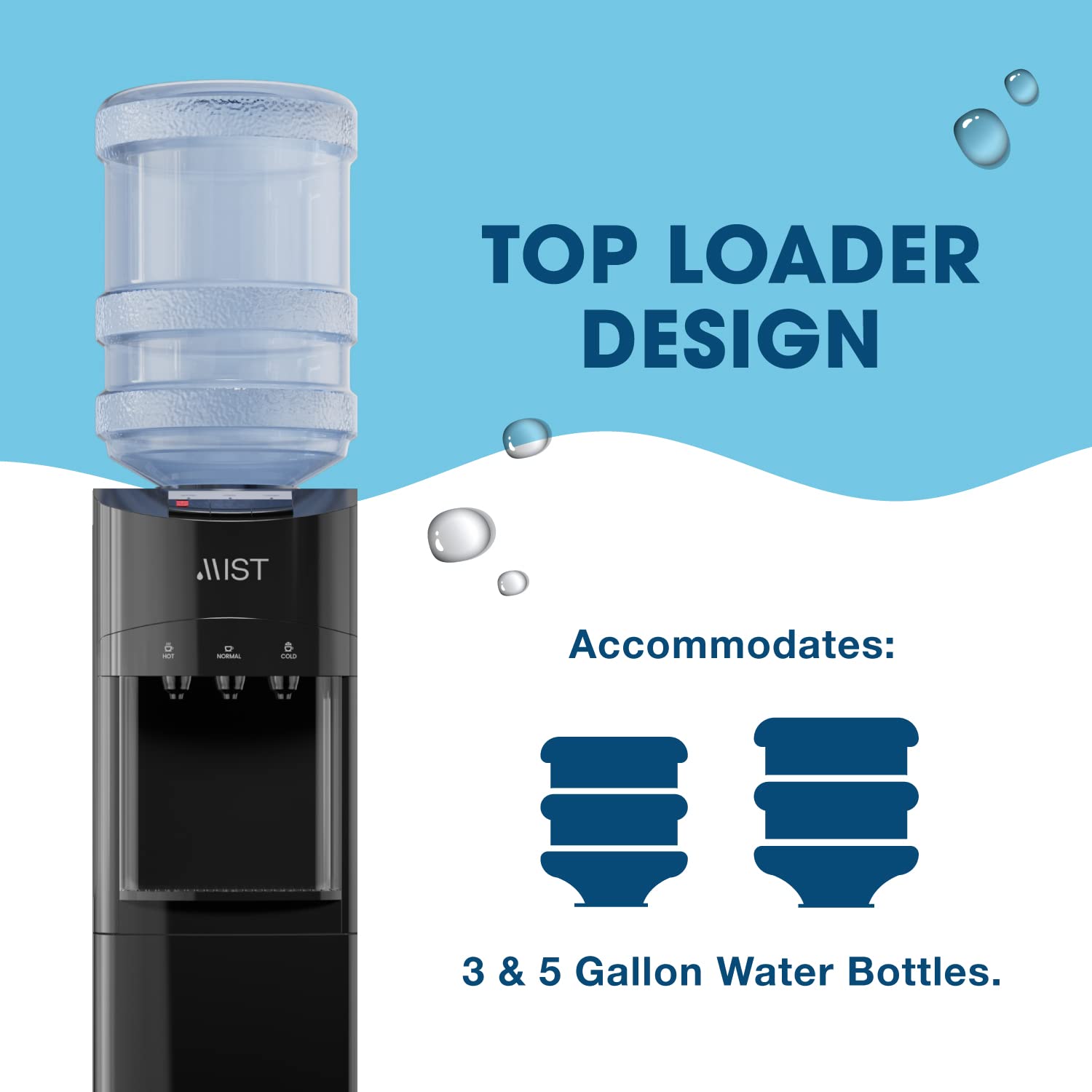 Mist Top Loading Water Cooler Dispenser, Hot, Cold & Room Temperature Water, Child Safety Lock, Holds 3 or 5 Gallon Bottles, Perfect for Home and Office Use Energy Star Approved - Black