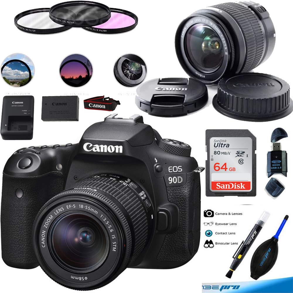 Canon EOS 90D Digital SLR Camera Body with EF-S 18-55mm f/3.5-5.6 is STM Lens - 64GB Expo Basic Bundle (International Version) (Renewed)