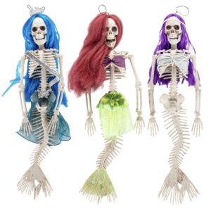 mermaid skeleton w colored hair halloween decorations (3 pack)-16" long- weather resistant for indoor/outdoor -upgrade your fall graveyard haunted house or cemetery party decor, trick-or-treat favors
