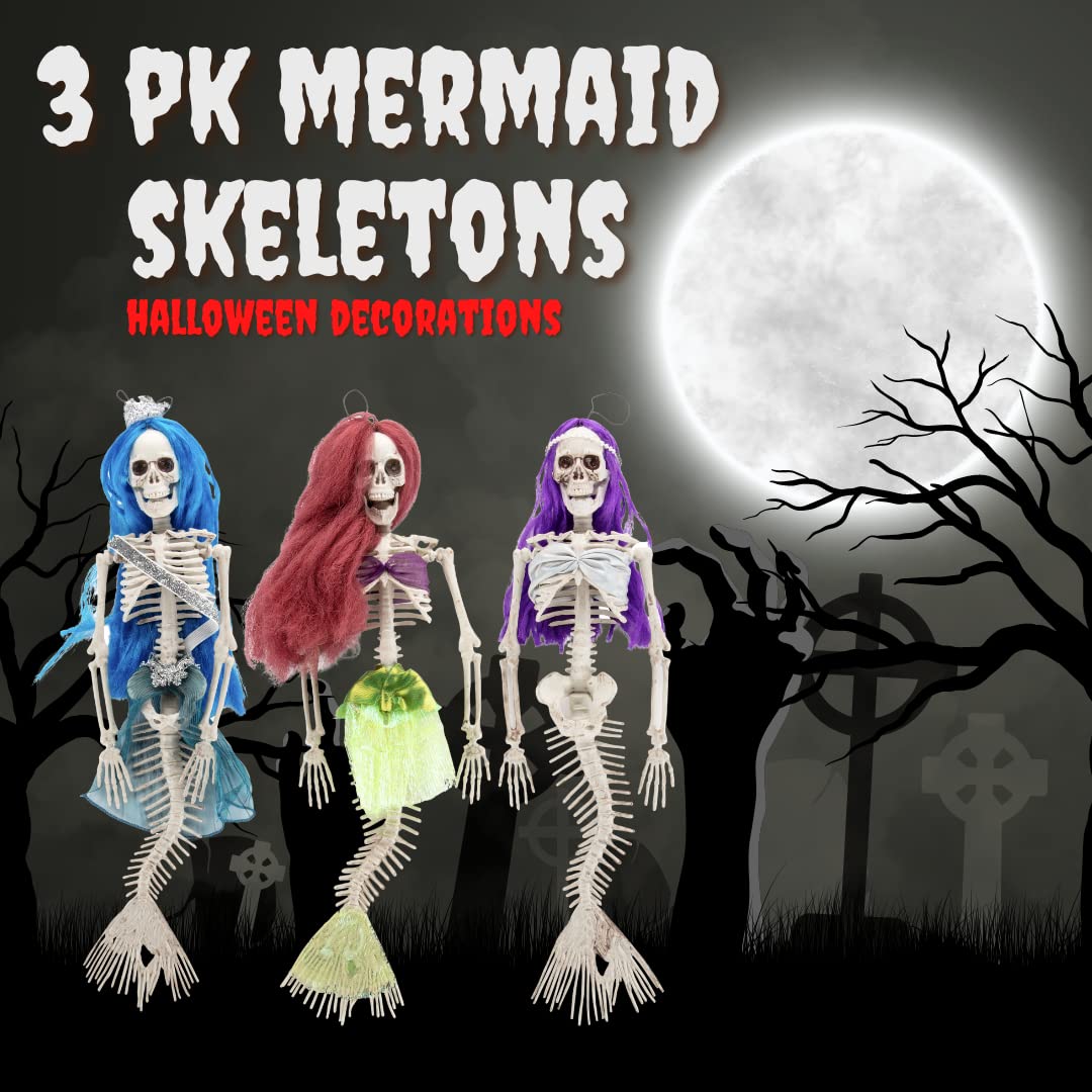 Mermaid Skeleton w Colored Hair Halloween Decorations (3 Pack)-16" Long- Weather Resistant for Indoor/Outdoor -Upgrade Your Fall Graveyard Haunted House or Cemetery Party Decor, Trick-or-Treat Favors