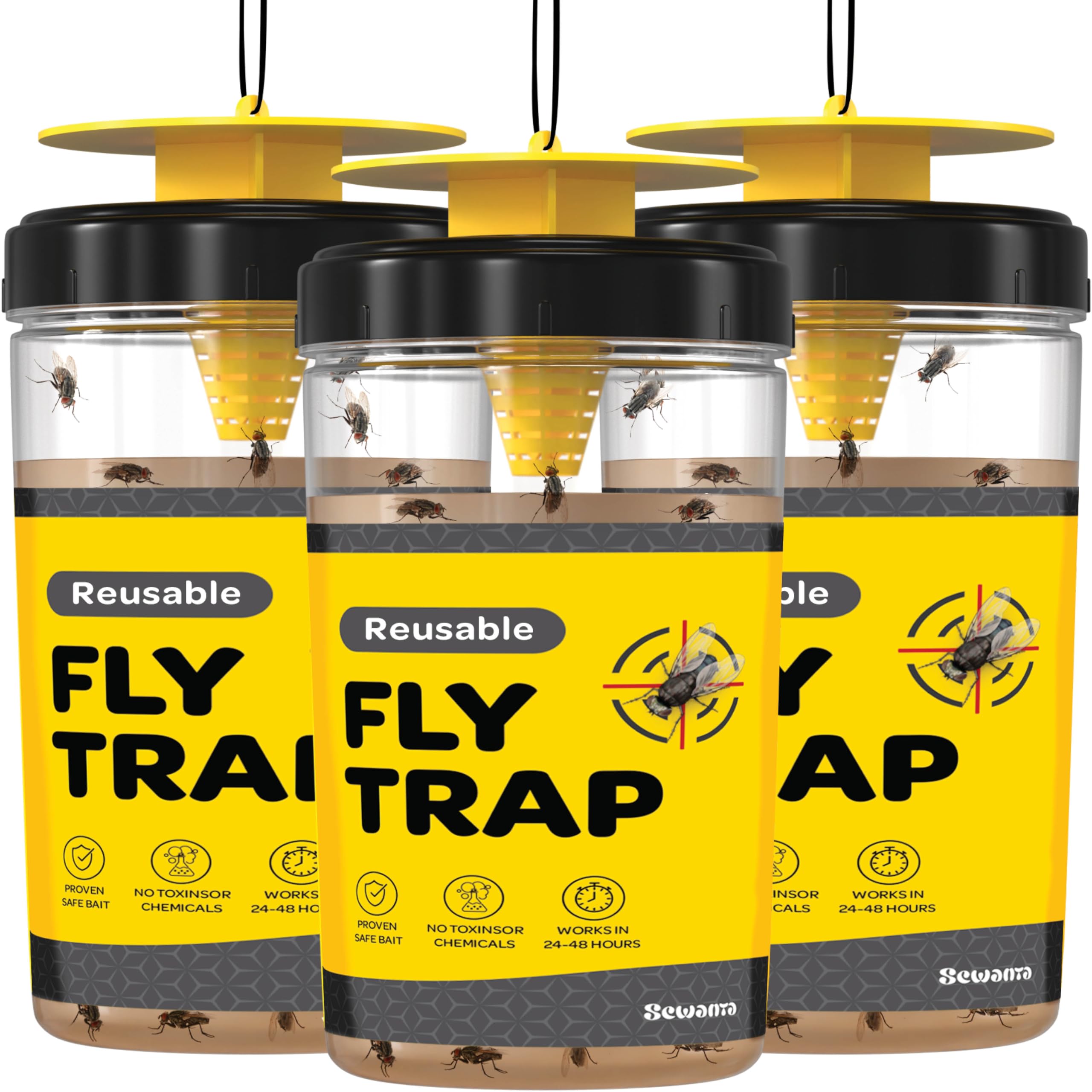 Outdoor Fly Trap [Set of 3] Fly Traps Outdoor with Dissolvable Non-Toxic Bait - Fly Repellent for Outdoor Use Only - Controls Flies for Patios, Barns, Ranches Etc. Hanging Fly Traps with Tie Included