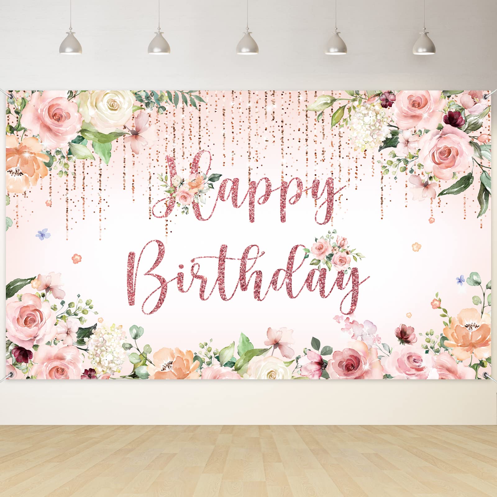 RUBFAC Happy Birthday Banner Decorations Backdrop Rose Gold Birthday Banner Party Supplies Photography Background for Women Girls