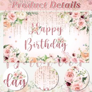 RUBFAC Happy Birthday Banner Decorations Backdrop Rose Gold Birthday Banner Party Supplies Photography Background for Women Girls