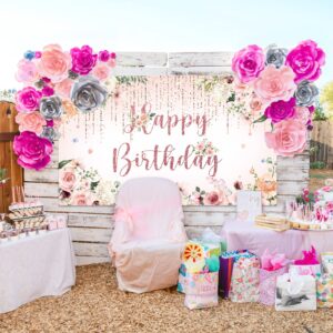 RUBFAC Happy Birthday Banner Decorations Backdrop Rose Gold Birthday Banner Party Supplies Photography Background for Women Girls