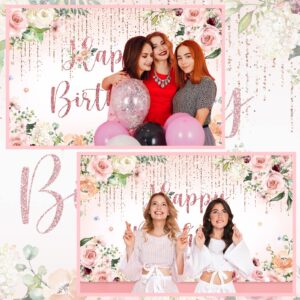 RUBFAC Happy Birthday Banner Decorations Backdrop Rose Gold Birthday Banner Party Supplies Photography Background for Women Girls