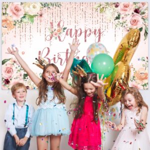 RUBFAC Happy Birthday Banner Decorations Backdrop Rose Gold Birthday Banner Party Supplies Photography Background for Women Girls