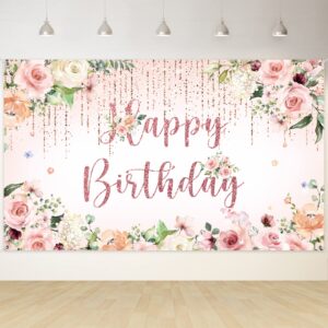 rubfac happy birthday banner decorations backdrop glitter black rose gold birthday banner for women girls photography party supplies