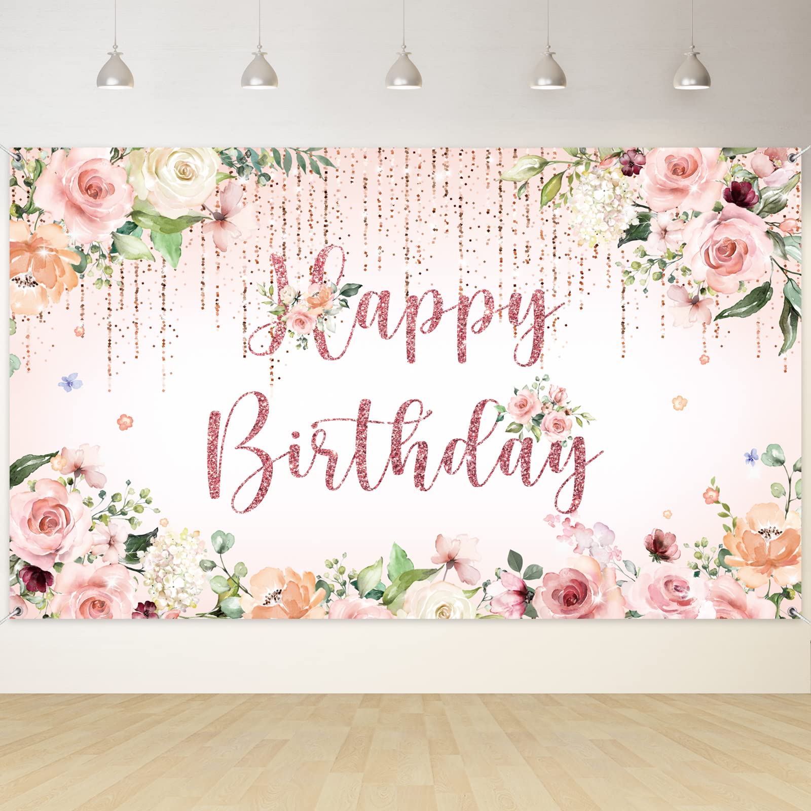 RUBFAC Happy Birthday Banner Decorations Backdrop Glitter Black Rose Gold Birthday Banner for Women Girls Photography Party Supplies