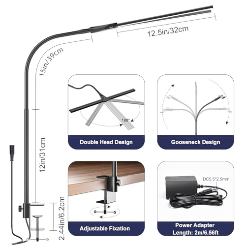 Kintion Desk Lamps for Home Office, 12W Flexible Gooseneck Smart Lighting, Ultra-Bright Extra-Wide Task Light, Study Light, Architectural Light with Clip