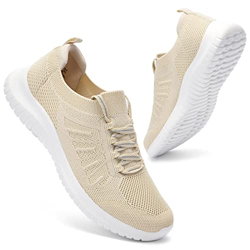 LANCROP Womens Athletic Walking Shoes - Memory Foam Lightweight Tennis Sports Shoes Gym Jogging Slip On Running Sneakers 9 US, Label 40 Beige