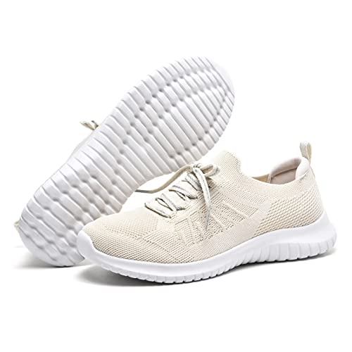 LANCROP Womens Athletic Walking Shoes - Memory Foam Lightweight Tennis Sports Shoes Gym Jogging Slip On Running Sneakers 9 US, Label 40 Beige