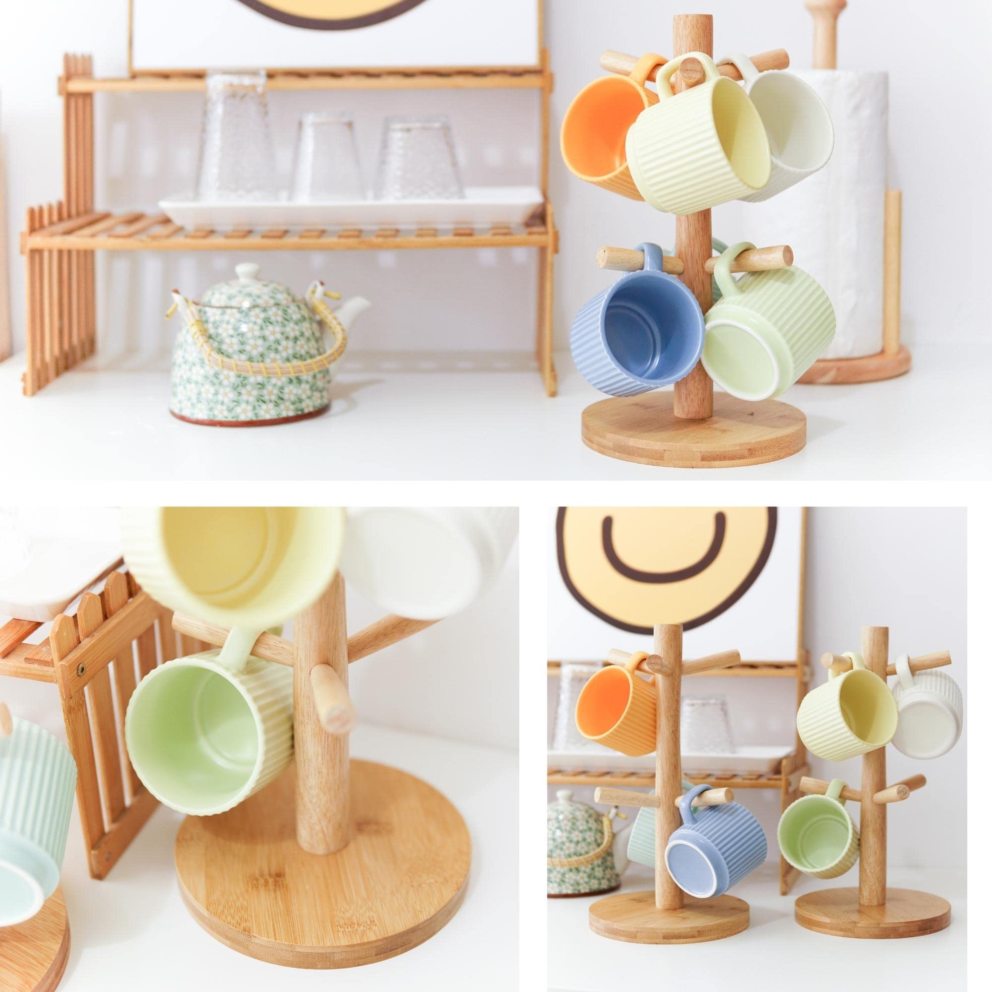 E-ROOM TREND Mug Holder 1 Pack Dia 6.7" Large Thicken Base Steady Wood Coffee Cup Rack with 6 Hooks Stand for Countertop Coffee Bar Accessories and Decor Coffee Organizer Station(MH171)