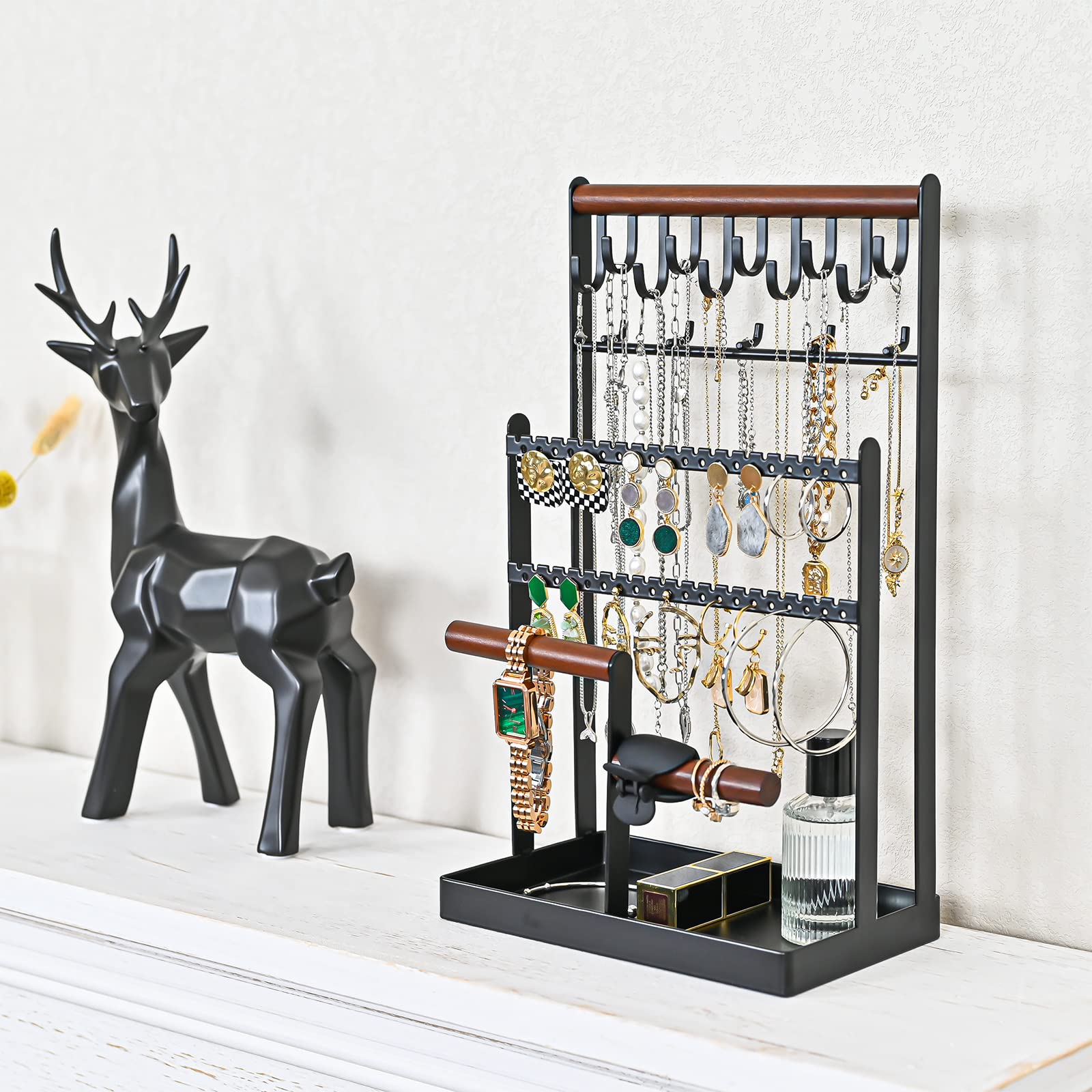 ProCase Jewelry Organizer Stand Necklace Organizer Earring Holder Mothers Day Gift, 6 Tier Jewelry Stand Necklace Holder with 15 Hooks, Jewelry Tower Display Rack Storage Tree -Black