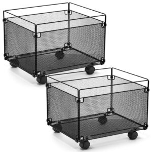 harloon 2 pack mesh metal file crate organizer box with mobile swivel wheels black rolling file cart storage cart foldable storage crate for folders, office supplies, black, 15" x 13" x 10"