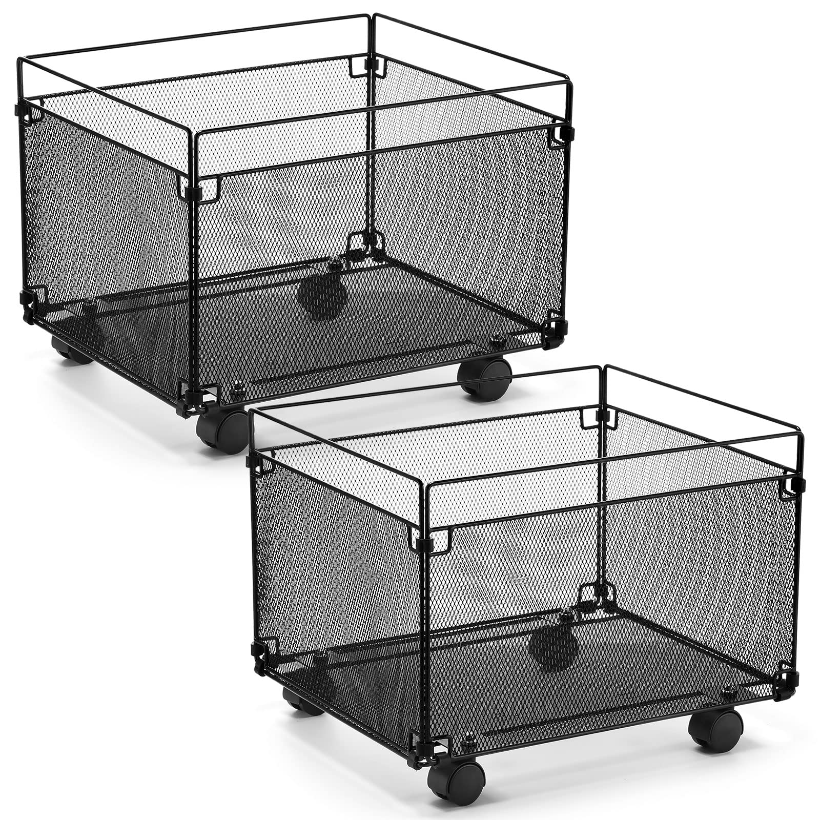 Harloon 2 Pack Mesh Metal File Crate Organizer Box with Mobile Swivel Wheels Black Rolling File Cart Storage Cart Foldable Storage Crate for Folders, Office Supplies, Black, 15" x 13" x 10"