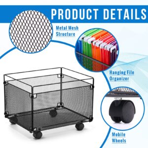 Harloon 2 Pack Mesh Metal File Crate Organizer Box with Mobile Swivel Wheels Black Rolling File Cart Storage Cart Foldable Storage Crate for Folders, Office Supplies, Black, 15" x 13" x 10"