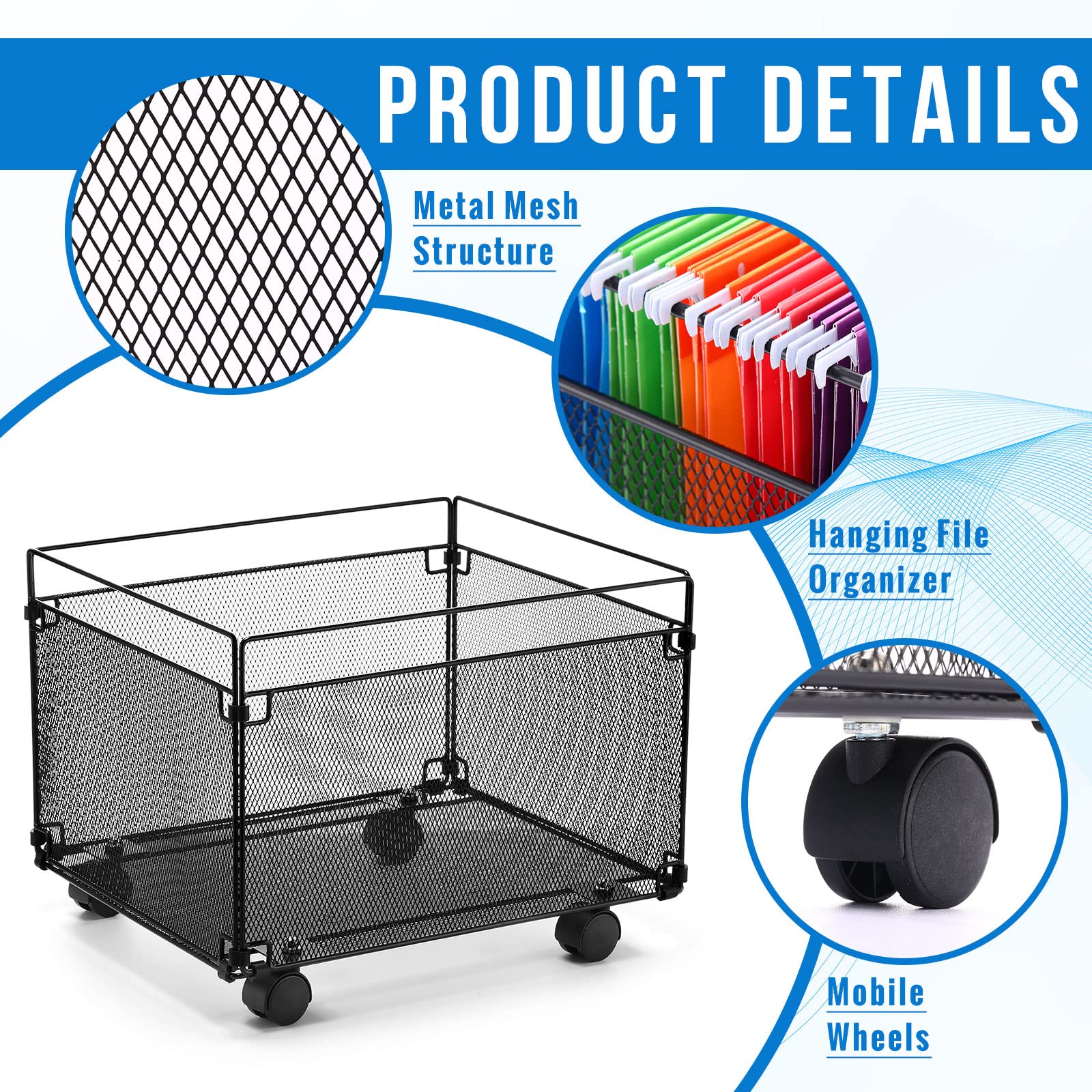 Harloon 2 Pack Mesh Metal File Crate Organizer Box with Mobile Swivel Wheels Black Rolling File Cart Storage Cart Foldable Storage Crate for Folders, Office Supplies, Black, 15" x 13" x 10"