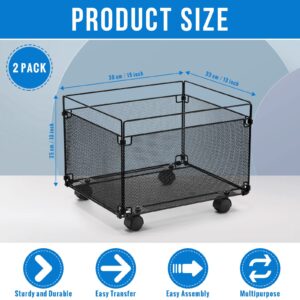 Harloon 2 Pack Mesh Metal File Crate Organizer Box with Mobile Swivel Wheels Black Rolling File Cart Storage Cart Foldable Storage Crate for Folders, Office Supplies, Black, 15" x 13" x 10"