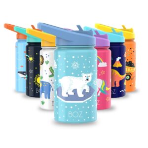 boz kids water bottle for school with straw lid, stainless steel insulated water bottle for kids, toddler water bottle, leak proof water bottle for kids and toddlers, 14 oz (414ml) (polar)