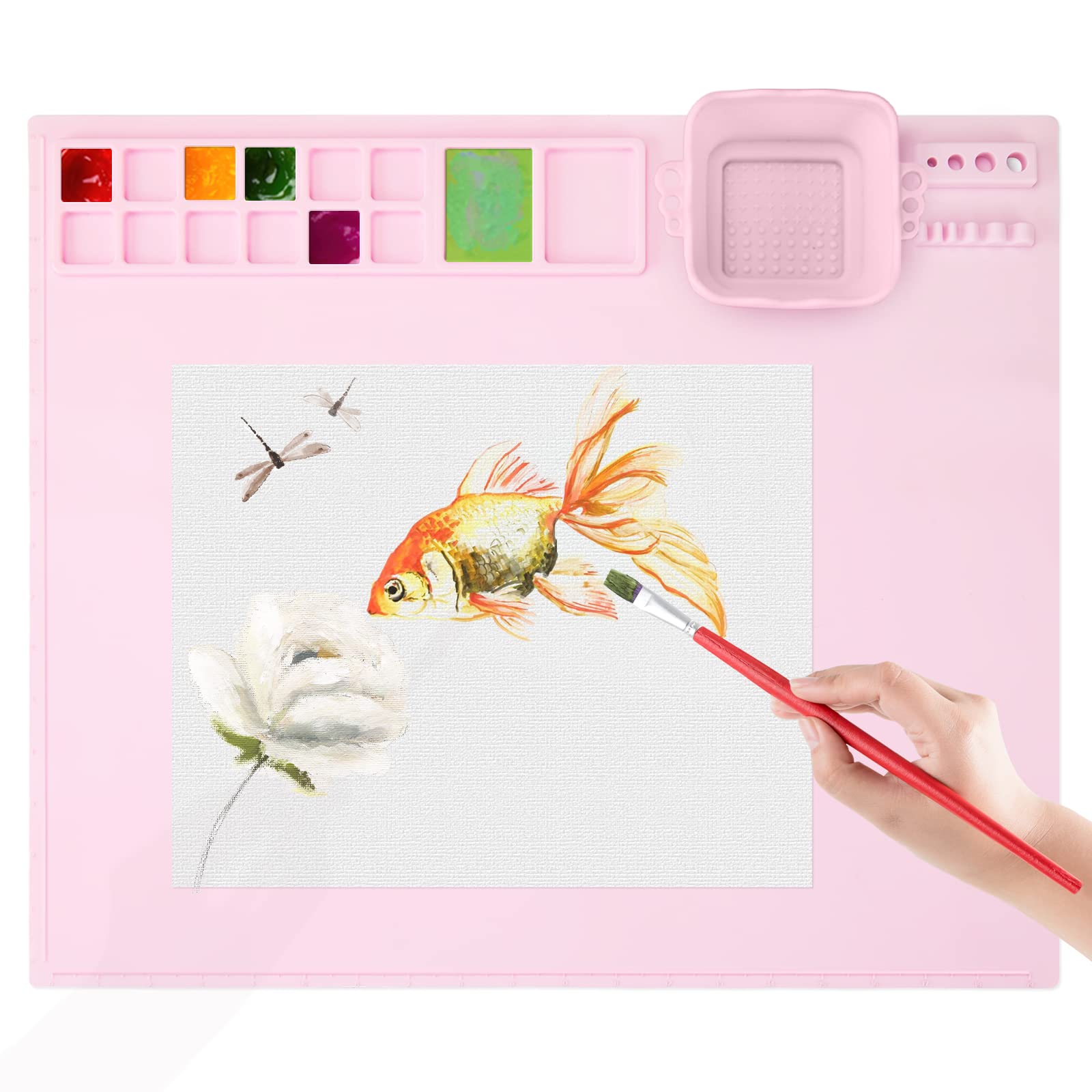 Aubeco Silicone Craft Mat with Built in Cleaning Cup and Paint Holder, Art Silicone Mat Large, 19.9"x16.9" Clay Mat, Nonslip Room Silicone mat for Painting, Table, Resin and Play, Pink