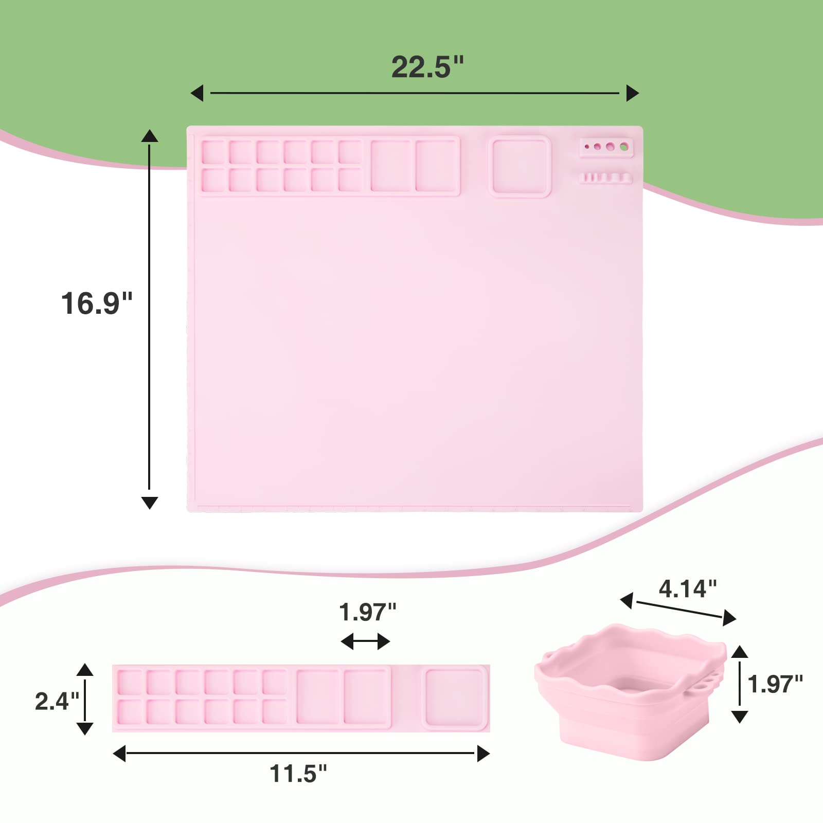 Aubeco Silicone Craft Mat with Built in Cleaning Cup and Paint Holder, Art Silicone Mat Large, 19.9"x16.9" Clay Mat, Nonslip Room Silicone mat for Painting, Table, Resin and Play, Pink