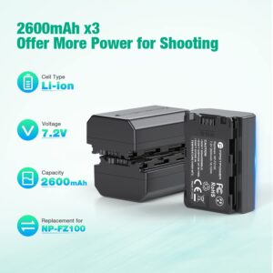 FirstPower NP-FZ100 Battery 3-Pack and Triple Slot Charger for Sony FX3, FX30, A7 III, A7 IV, A7R III, A9, A6600, A7R3, A7S III/A7S3, A7R III/A7C Camera