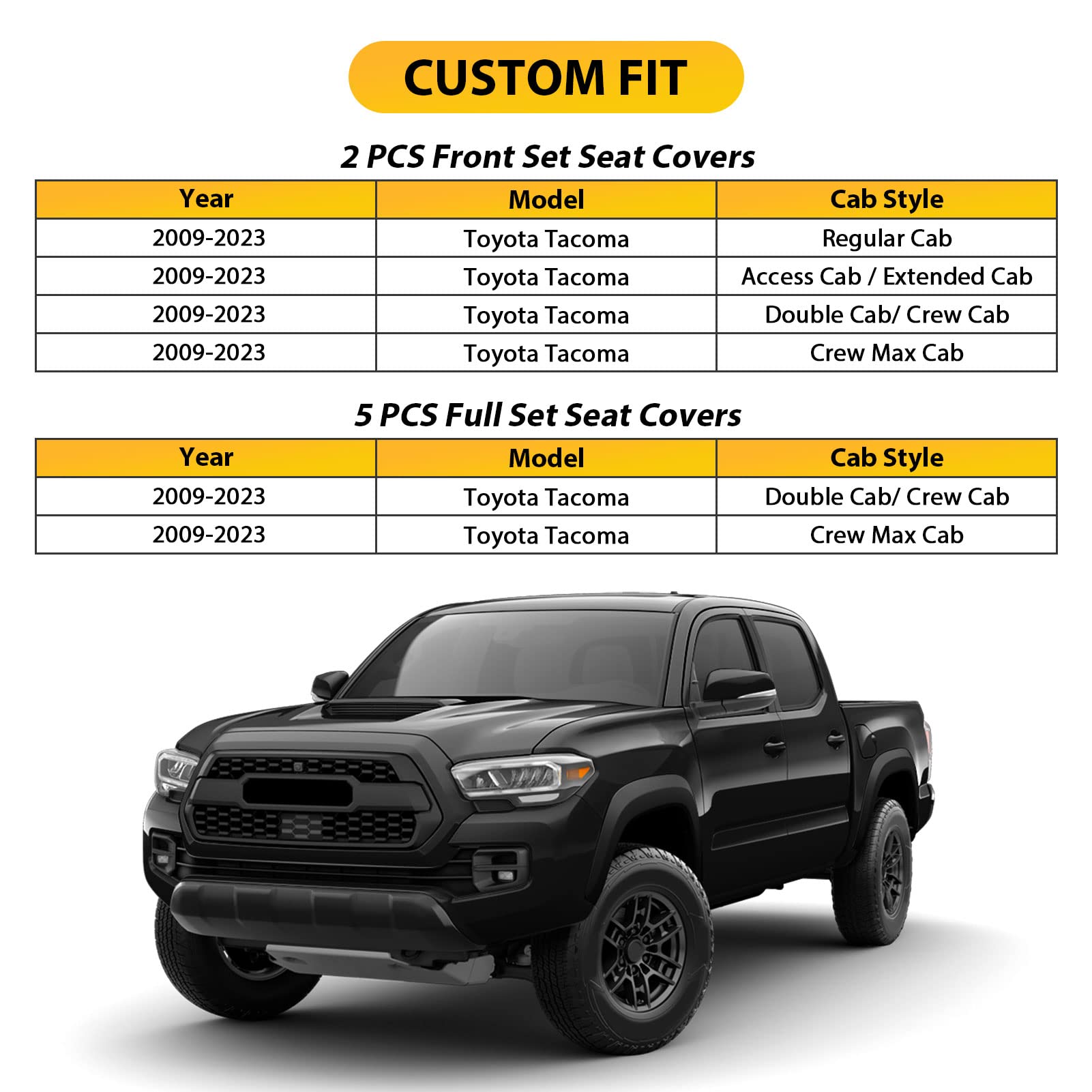 Seat Covers Front Set for Toyota Tacoma Custom Fit 2009-2023 TRD Sport Off-Road TRD Pro Limited SR SR5 Package Access Double Extended Cab Pickup Truck Leather Seat Cover (2 Pcs Front Set, Black)