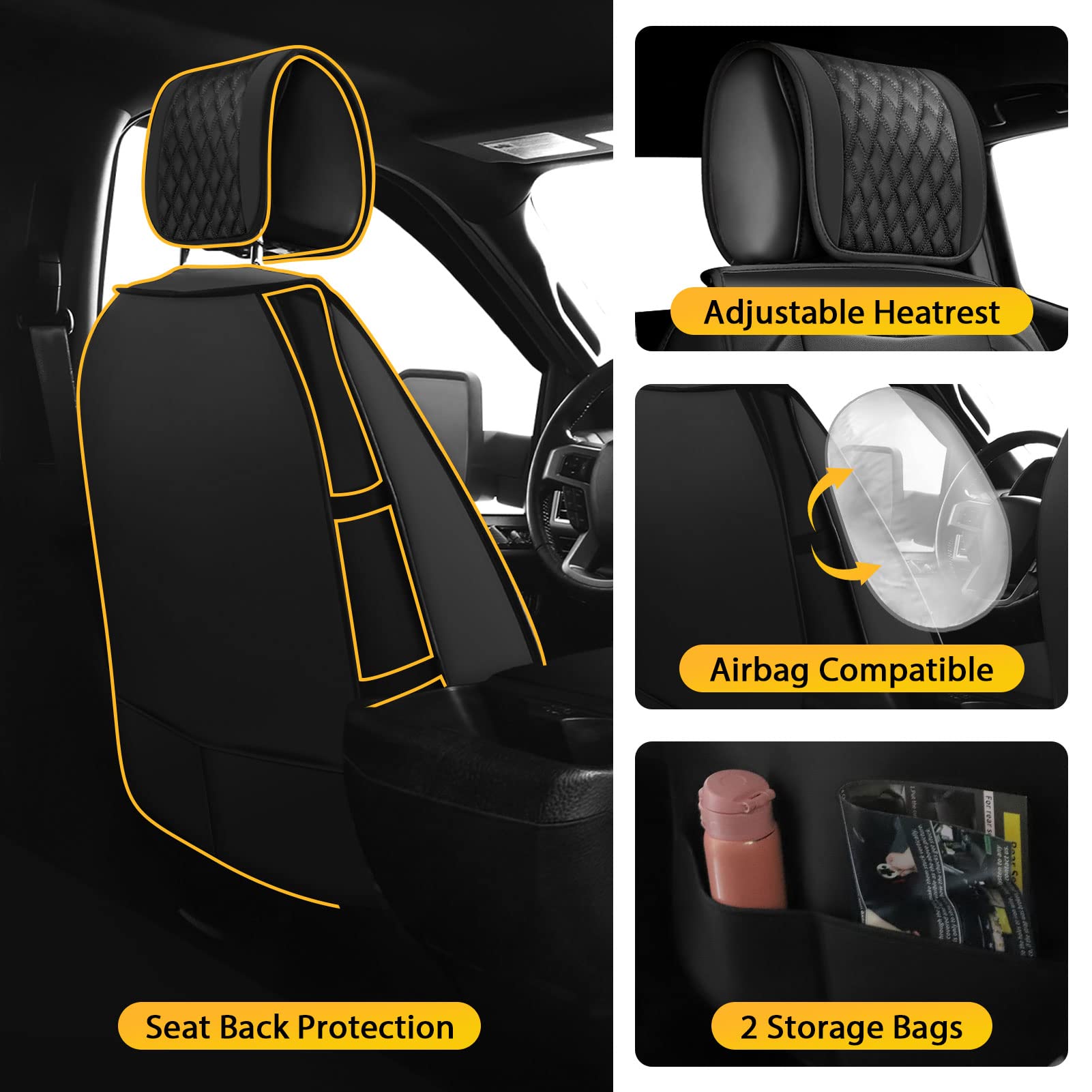 Seat Covers Front Set for Toyota Tacoma Custom Fit 2009-2023 TRD Sport Off-Road TRD Pro Limited SR SR5 Package Access Double Extended Cab Pickup Truck Leather Seat Cover (2 Pcs Front Set, Black)